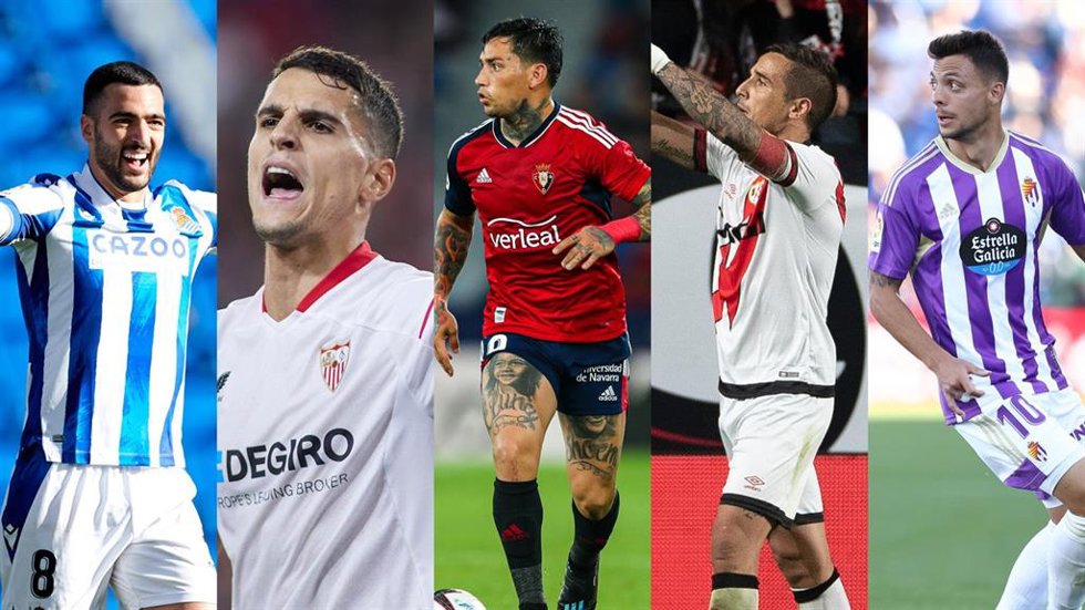 Mikel Merino (Real Sociedad), Erik Lamela (Sevilla), 'Chimy' Ávila (Osasuna), Óscar Trejo (Rayo Vallecano) y Óscar Plano (Real Valladolid).