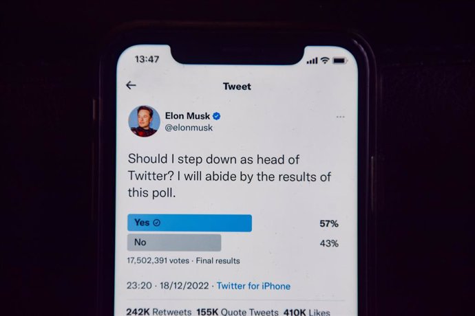 December 19, 2022, London, England, United Kingdom: Elon Musk has been voted out as head of Twitter in his own Twitter poll.