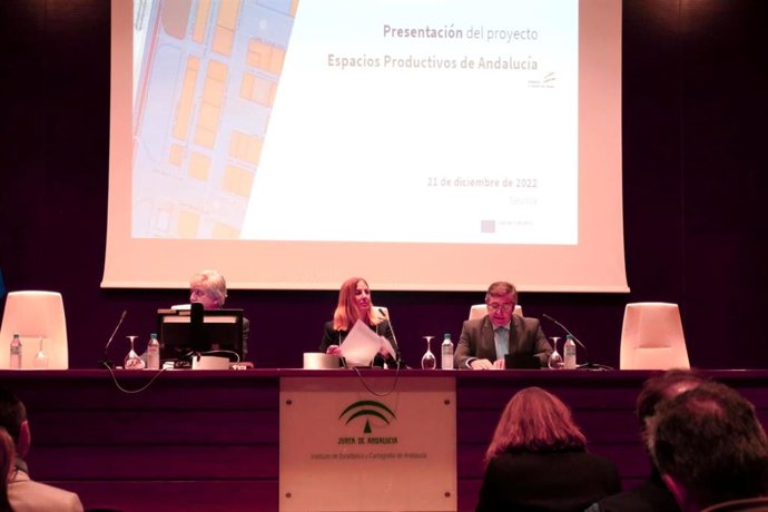 presentación del inventario ESPAND, en las que aparecen de izquierda a derecha, el subdirector del IECA Agustín Villar, la viceconsejera de Economía, Hacienda y Fondos Europeos, Amelia Martínez, y el director del IECA, Manuel Ignacio Castaño.