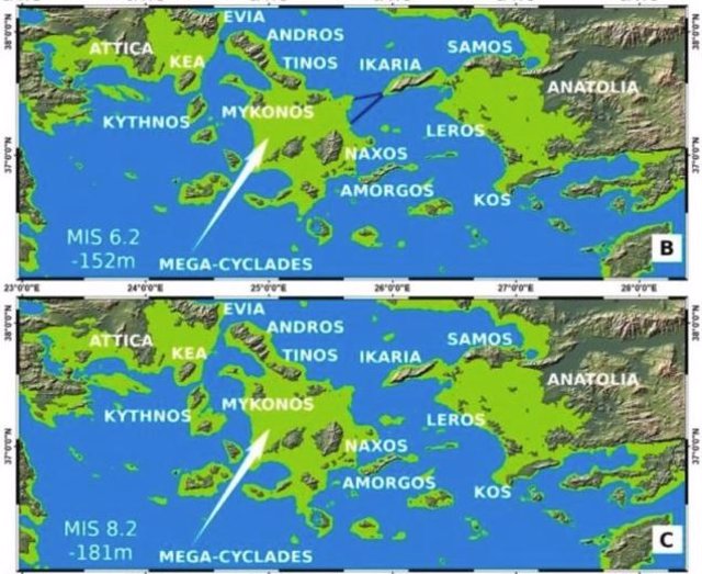 Mapa de las islas reconstruidas del Egeo, que muestra las masas de tierra a diferentes niveles del mar.