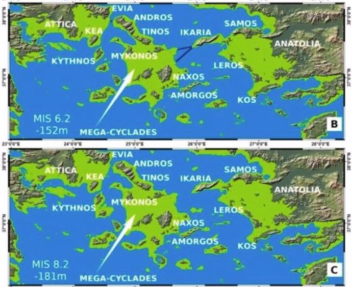 Mapa de las islas reconstruidas del Egeo, que muestra las masas de tierra a diferentes niveles del mar.