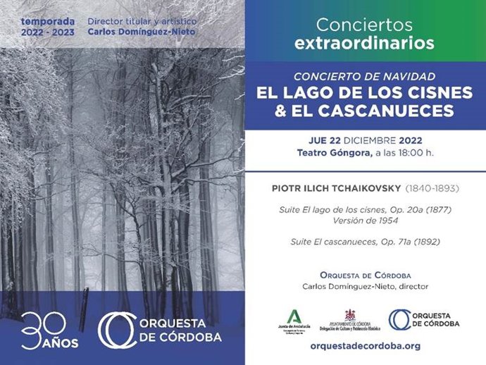 Cartel del concierto de la Orquesta de Córdoba con 'El lago de los cisnes' y 'El cascanueces'.