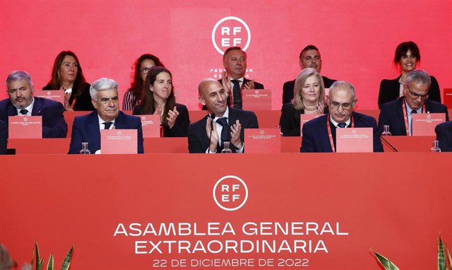 Luis Rubiales aplaude durante la Asamble General Extraordinaria de la RFEF