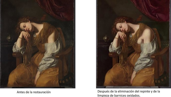 'María Magdalena Como Melancolía', Atribuida A La Pintora Artemisia Gentileschi, Antes Y Después De La Restauración.