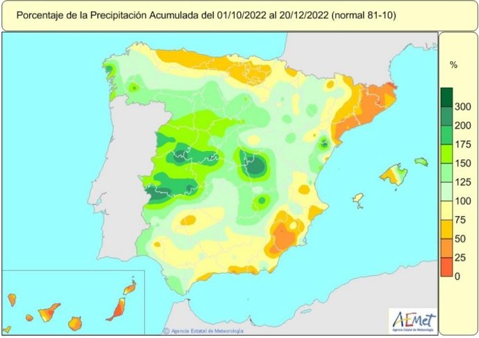 Situación de las lluvias acumuladas en España entre el 1 de octubre de 2022 y el 20 de diciembre de 2022.