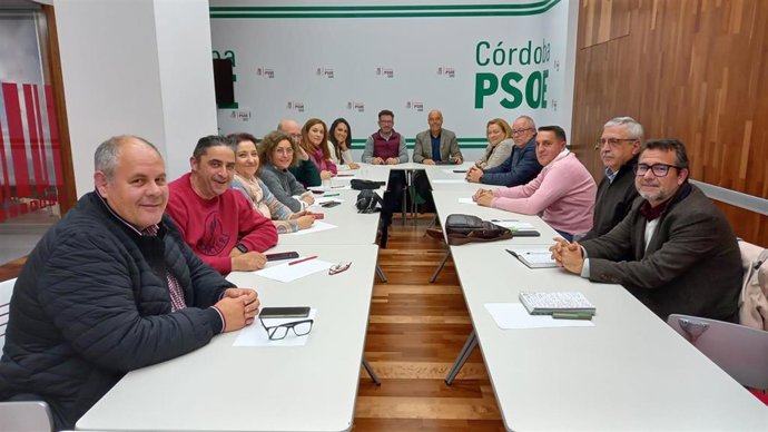 Romero y Hurtado (al fondo), en la ruenión con los secretarios de distrito y el Grupo Municipal Socialista.