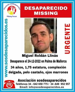 Imagen con la alerta de la desaparición de Miguel Roldán Llinás