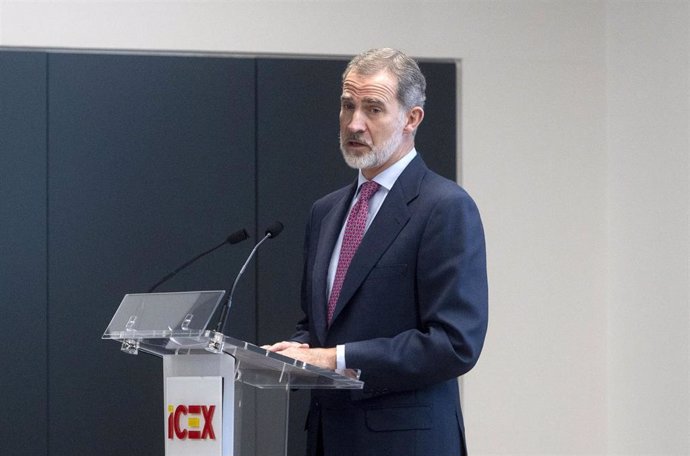 El Rey Felipe VI interviene durante el acto conmemorativo del 40 Aniversario de ICEX , en la sede de la entidad, a 28 de noviembre de 2022, en Madrid (España). 
