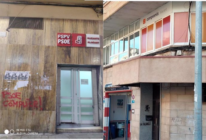 Atacan con pintadas de la Falange las sedes de Compromís y el PSPV en Alicante.