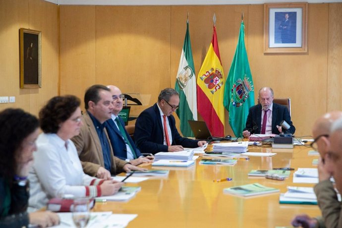 El presidente de la Diputación de Sevilla, Fernando Rodríguez Villalobos, en la Junta de Gobierno en la que se ha aprobado la inversión en los nuevos parques de bomberos de Carmona y Morón de la Frontera.