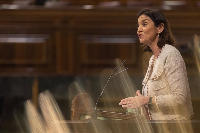 La ministra de Industria, Comercio y Turismo, Reyes Maroto, interviene durante una sesión plenaria en el Congreso de los Diputados, a 14 de diciembre de 2022, en Madrid (España). 