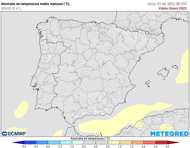 Previsión de la anomalía de las temperaturas para enero de 2023.