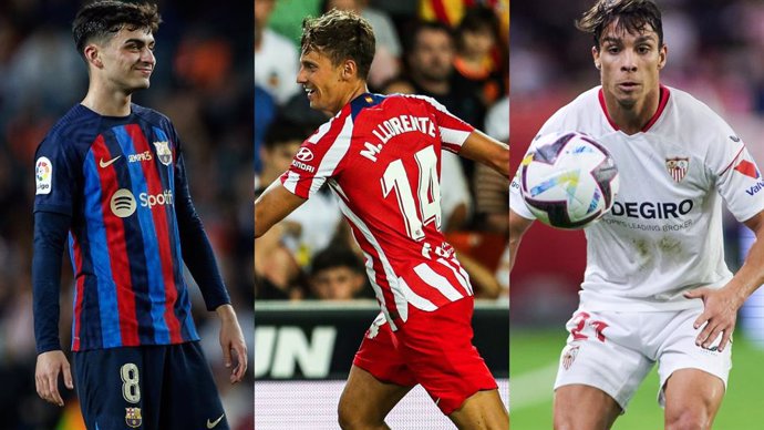El jugador del FC Barcelona Pedri, el centrocampista del Atlético de Madrid Marcos Llorente y el futbolista del Sevilla Óliver Torres.