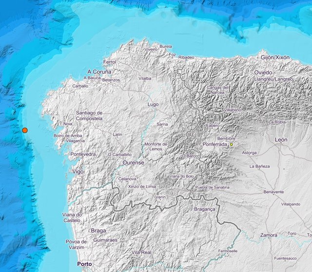 Mapa del Instituto Geográfico Nacional (IGN) con un terremoto frente a la ría de Muros y Noia (A Coruña).