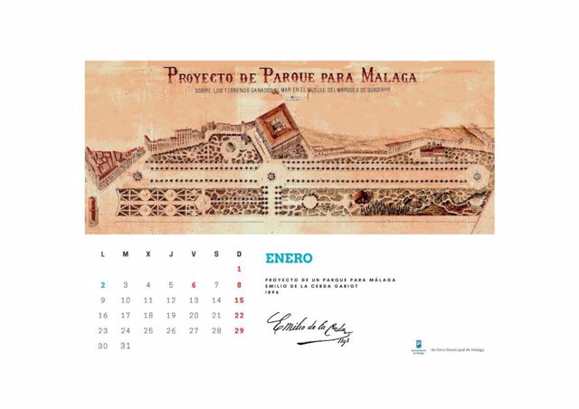 El proyecto del Parque de Málaga es uno de los documentos históricos que ilustran el calendario elaborado por el Archivo Municipal de Málaga para 2023.