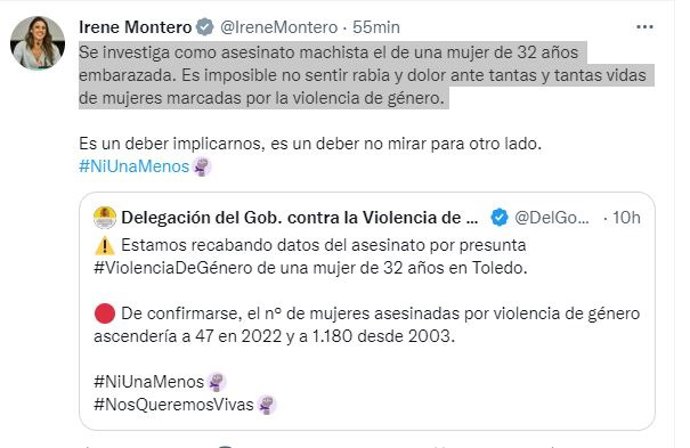 El missatge a Twitter de la ministra d'Igualtat, Irene Montero