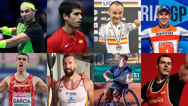 Los tenistas Rafa Nadal y Carlos Alcaraz, el ciclista Ricardo Ten, el piloto Toni Bou, el atleta Mariano García, el piragüista Carlos Arévalo, el tenista en silla de ruedas Martín de la Puente y el haltero Marcos Ruiz.