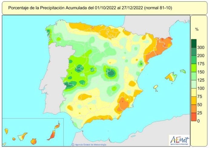 Las lluvias superan en un 1% el valor de precipitaciones normal desde el 1 de octubre al 27 de diciembre de 2022.