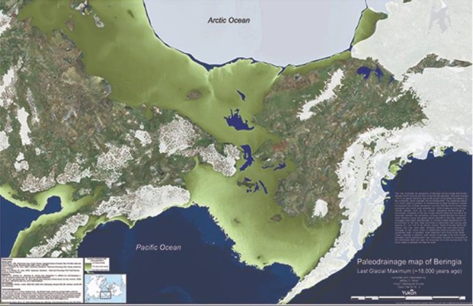 Este mapa ilustra la geografía de Beringia, el puente de tierra que se formó entre Norteamérica y Asia durante la última glaciación.