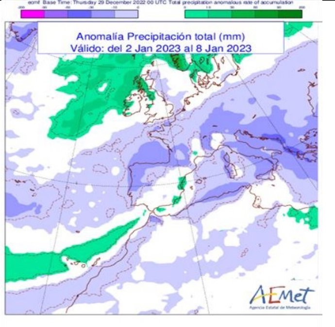 Previsión de precipitaciones del 2 al 8 de enero 2023.