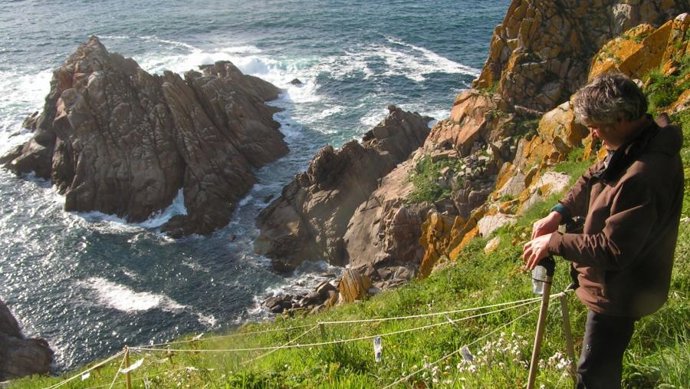Integrantes del equipo de Investigación de la USC en uno de los puntos de recogida de muestras para su estudio sobre los materiales tóxicos en las colonias de aves marinas