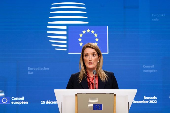 HANDOUT - 15 December 2022, Belgium, Brussels: President of the European Parliament Roberta Metsola speaks during a press conference. Photo: -/European Commission/dpa - ATTENTION: editorial use only and only if the credit mentioned above is referenced i