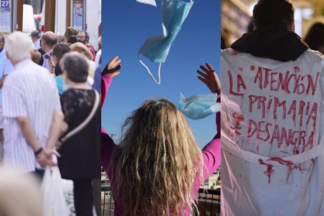 Resumen del 2022: detalle de gente en la calle, a 21 de junio, en Sevilla. Una mujer tira mascarillas al aire, a 8 de febrero, en Madrid. Médico de Atención Primaria protesta en el centro de salud de Lavapiés, a 22 de diciembre, en Madrid.