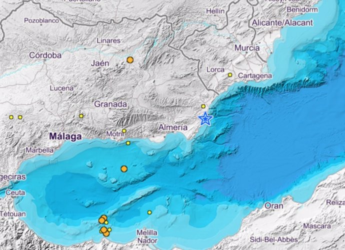 Mapa de localización del seismo registrado en la provincia de Almería.