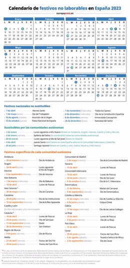 Archivo - Calendario de festivos no laborables en España 2023