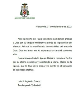 Comunicado del Arzobispado de Valladolid ante la muerte de Benedicto XVI