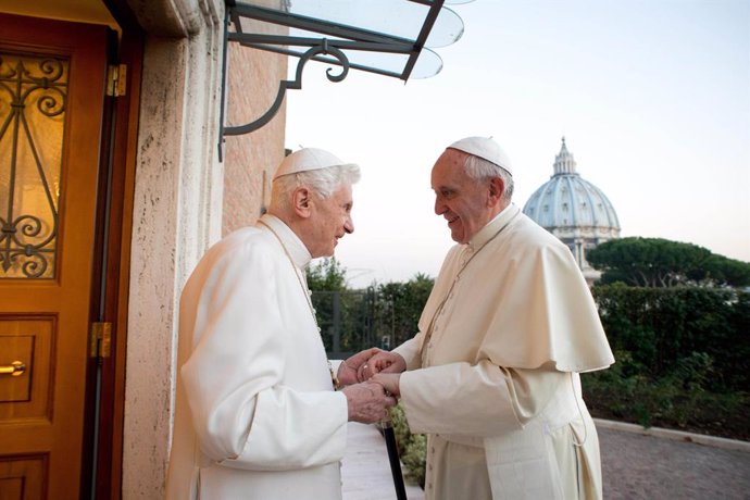 Rome - January 13, 2020.Pope emeritus Benedict XVI and Pope Francis...July 13, 2014.World cup final 2014 Argentina - Germany. .Argentine pope Francis and German Pope Emeritus Benedict XVI , the final 'derby' between the two Popes..Vatican, Rome -Decembe