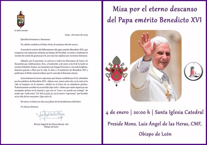 Comunicado del obispo de León en el que convoca a los fieles a participar en la misa del miércoles por Benedicto XVI