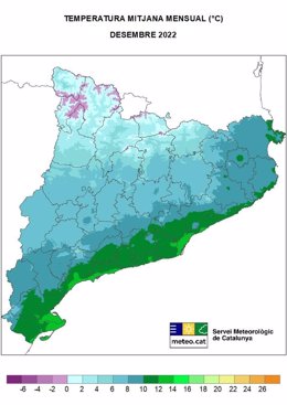 Mapa de la temperatura media mensual en Catalunya en diciembre de 2022