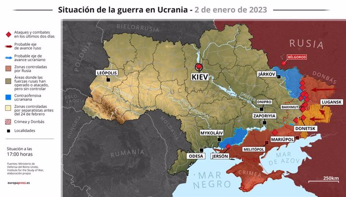 Mapa con la situación de la guerra en Ucrania a 2 de enero de 2023 (Estado a las 17:00 horas). Las autoridades ucranianas han denunciado en la noche de este domingo nuevos ataques con drones de presunta fabricación israelí contra la capital del país, Ki