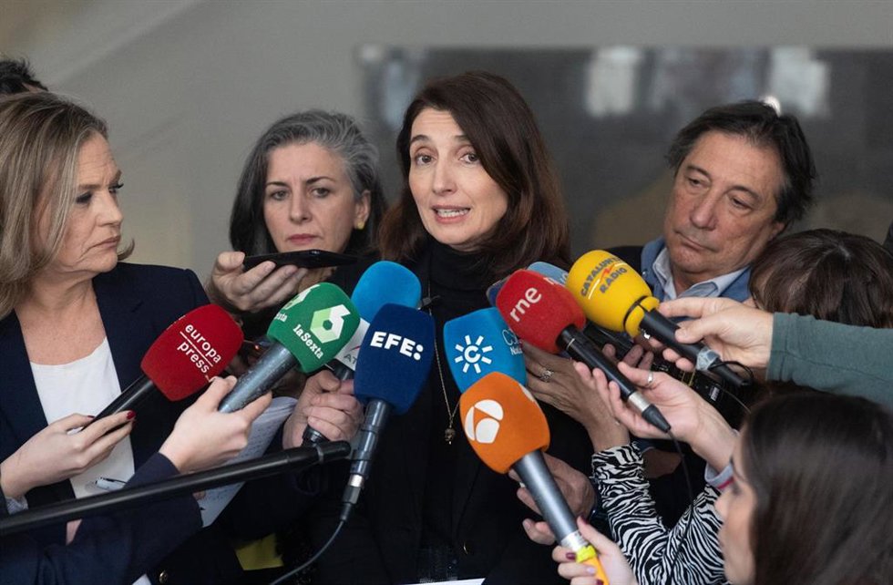 La ministra de Justicia, Pilar Llop, ofrece declaraciones a la prensa tras su reunión con el presidente del Consejo General del Poder Judicial (CGPJ), Rafael Mozo, y el fiscal general del Estado, Álvaro García