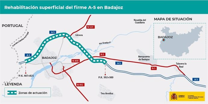 Rehabilitación superficial del firme de la A-5 en Badajoz