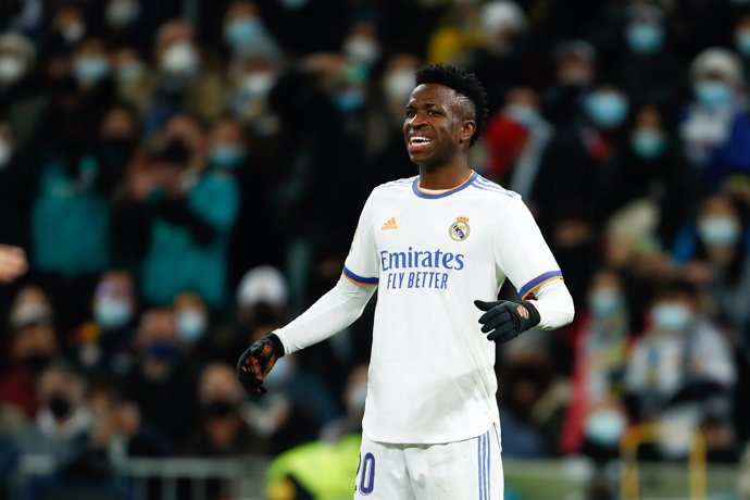 Vinicius Junior of Real Madrid laments during the Spanish League, La Liga Santander, football match played between Real Madrid and Cadiz CF at Santiago Bernabeu stadium on December 19, 2021, in Madrid, Spain.