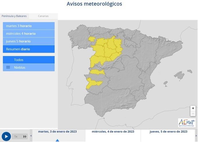 Mapa facilitado por la Aemet sobre la previsión de nieblas en CyL para los próximos tres días