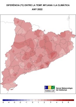 Mapa amb la diferncia entre la temperatura mitjana i la temperatura climtica en 2022
