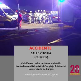 Imagen difundida por el 112 con datos sobre el accidente en la calle Vitoria de Burgos