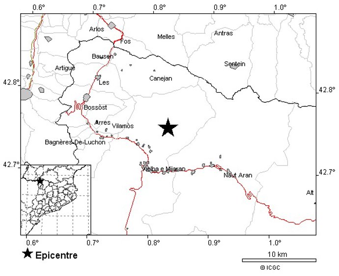 Mapa de la zona del sisme que ha sacsejat aquest dimecres la Vall d'Aran (Lleida)