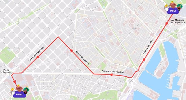 Mapa del recorrido de la cabalgata de los Reyes Magos en Barcelona este jueves por la tarde.