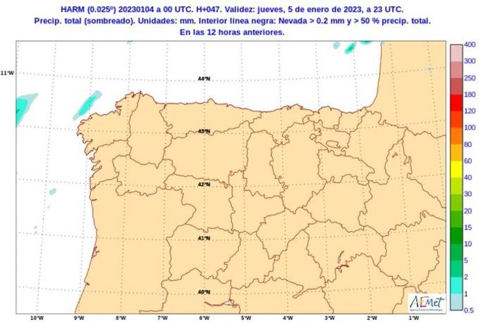 Mapa facilitado por la Aemet sobre la previsión meteorológica en CyL para la tarde-noche del 5 de enero