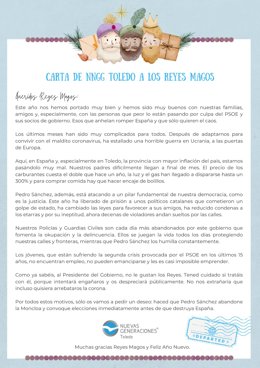 Nuevas Generaciones de Toledo pide a los Reyes Magos que Pedro Sánchez abandone la Moncloa y convoque elecciones inmediatamente