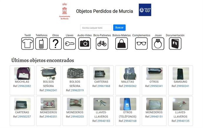 Portada de la web de la Oficina de Objetos Perdidos de la Policía Local de Murcia