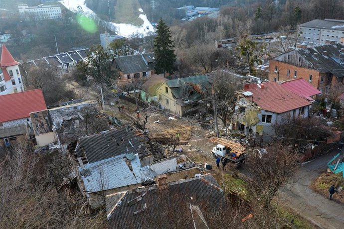 January 1, 2023, Kyiv, Ukraine: View of destroyed residential buildings after a missile attack by Russia in Kyiv. Rocket attacks by Russia on December 31, 2022 in Kyiv, Ukraine. In many districts of Kyiv, a number of buildings were seriously damaged, 2 