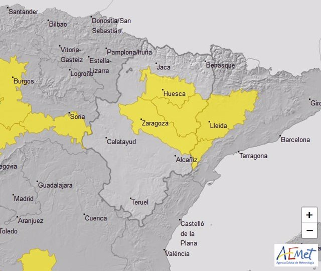 Aviso amarillo por nieblas en Ribera del Ebro y centro y sur de Huesca.