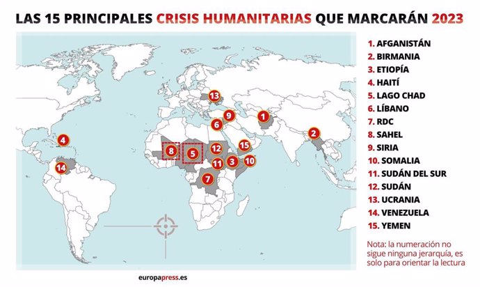Archivo - Mapa de las 15 principales crisis humanitarias que marcarán 2023