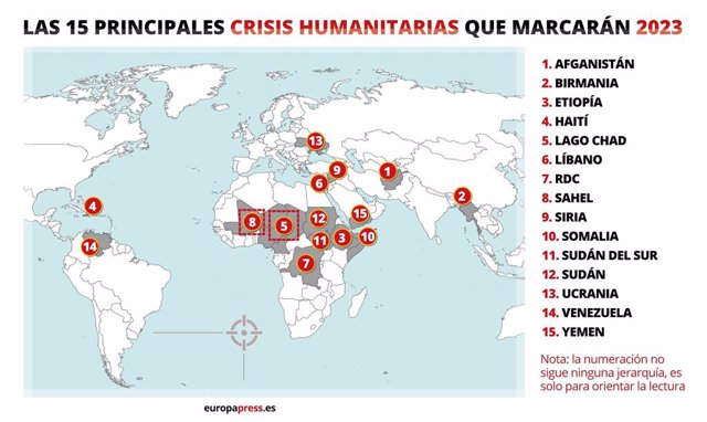 Archivo - Mapa de les 15 principals crisis humanitàries que marcaran el 2023