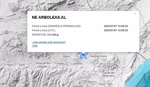 Registrado un terremoto de magnitud 3 con epicentro al noroeste de Arboleas (Almería)